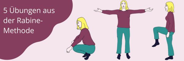 5 Übungen aus der Rabine-Methode für die Sängerische Atmung. Man sieht eine Frau, die eine Hocke, eine seitliche Armhebung und eine Kniehebung macht.